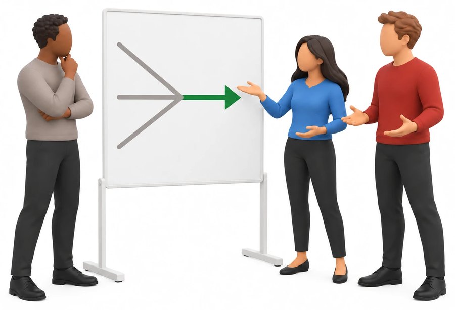 Three colleagues at a board where separate arrows converge into one green one