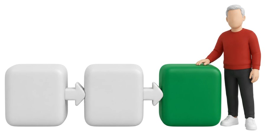 Challenge, action and result as three linked blocks, the last one green
