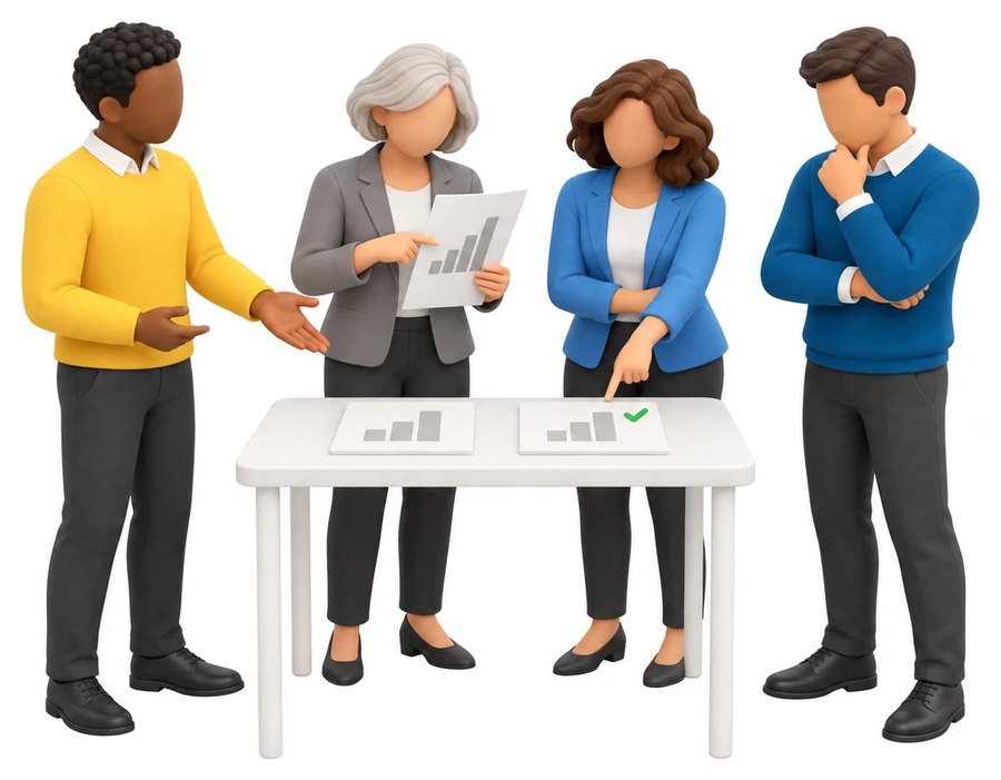 A team comparing two sets of figures and choosing one