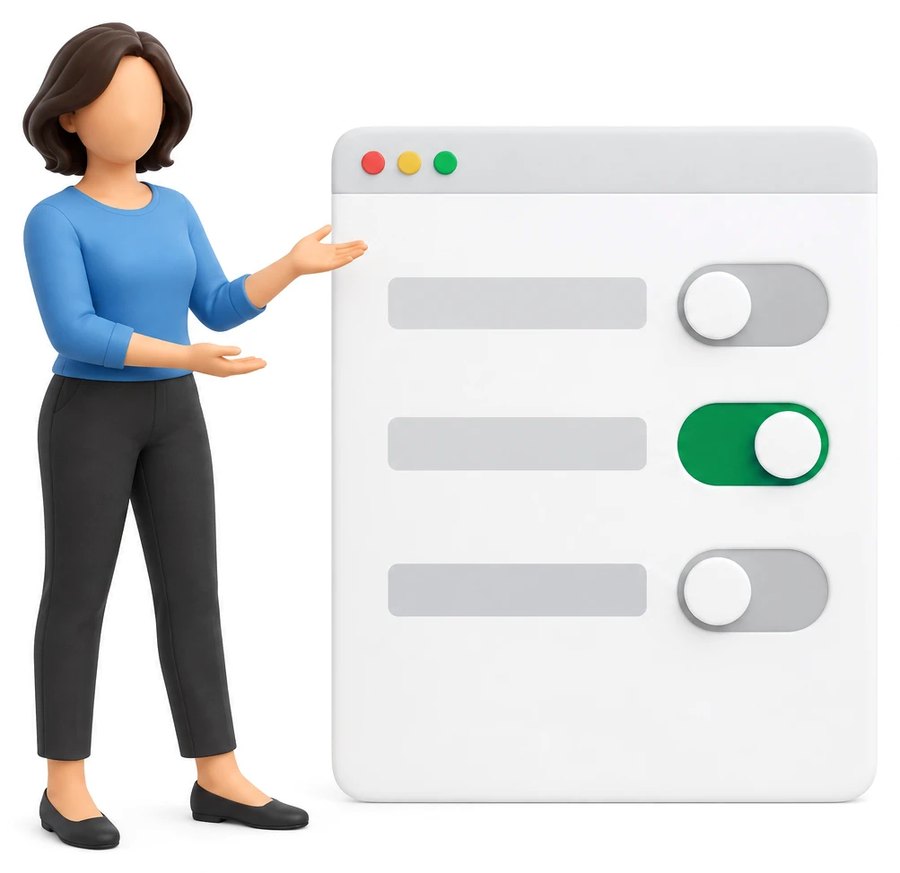 A figure beside a browser window of consent toggles, one switched on