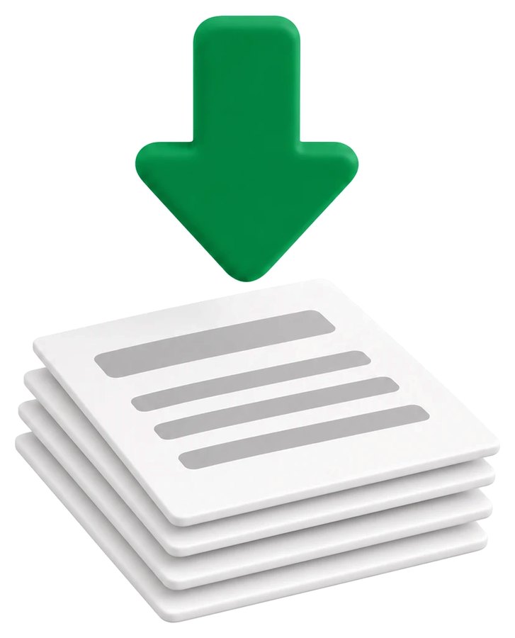 A stack of documents with a download arrow