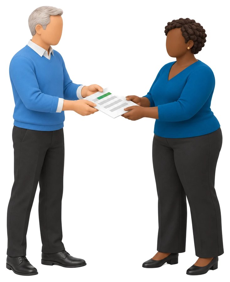 One person handing a document to another