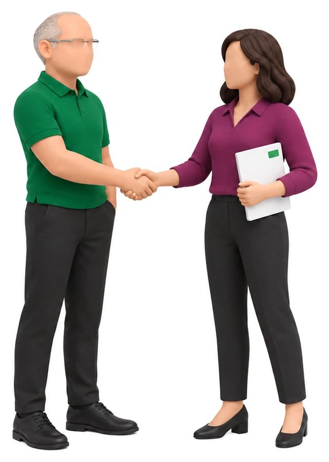 Two colleagues shaking hands, one holding a report