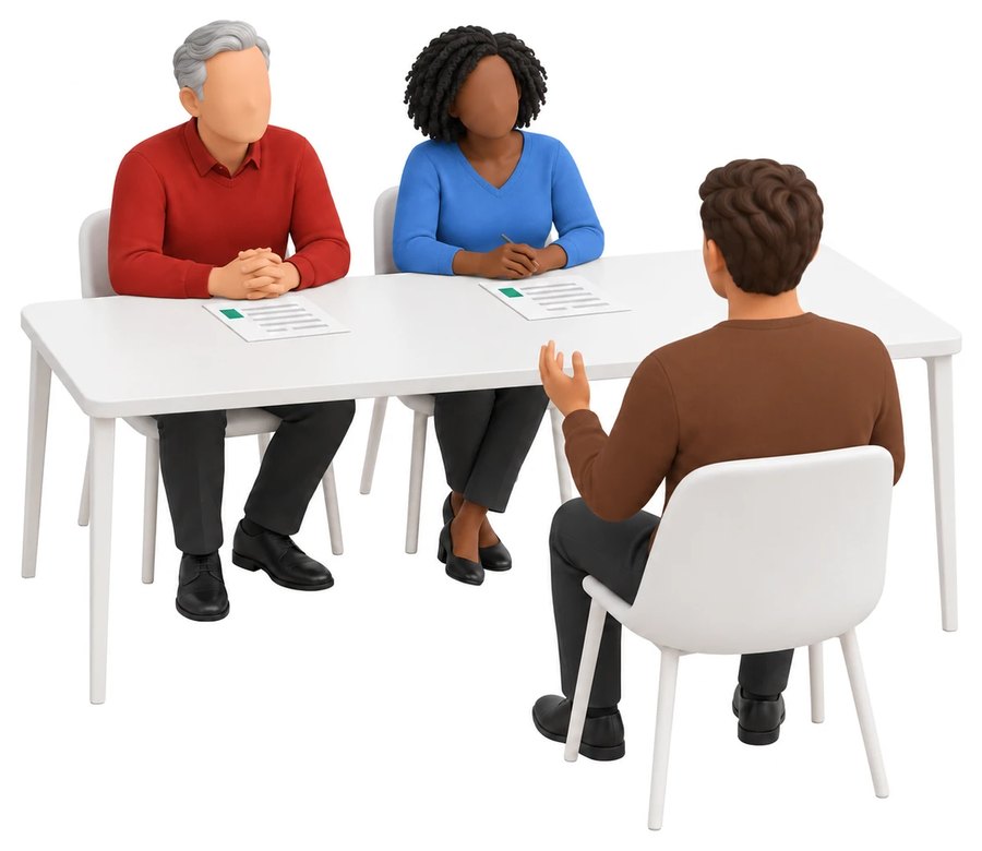 An interview panel of two facing a candidate