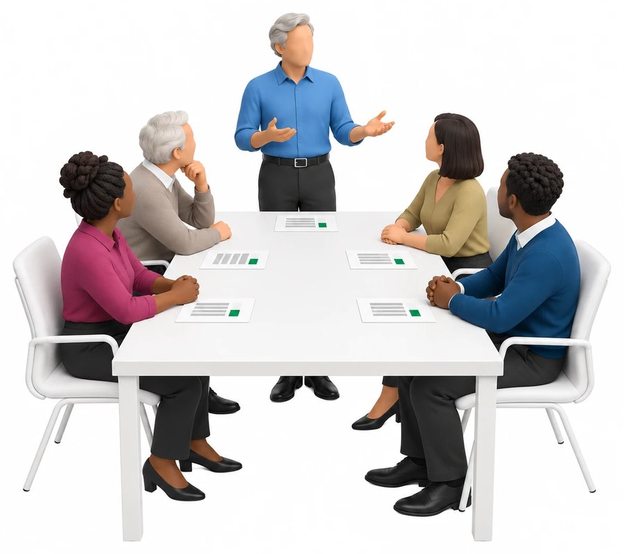 A manager leading a discussion with their team round a table