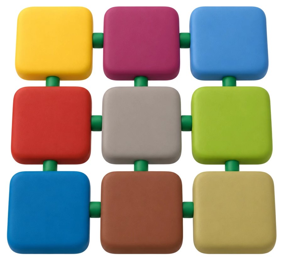Nine coloured tiles in a three by three grid, joined by green connectors