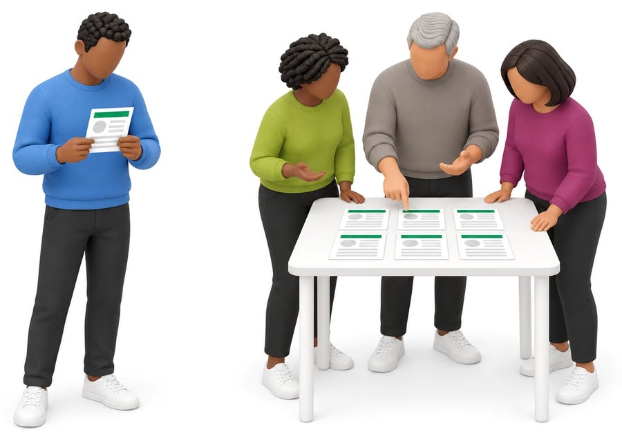 One person reading their own profile, and three colleagues looking at six profiles laid out together on a table