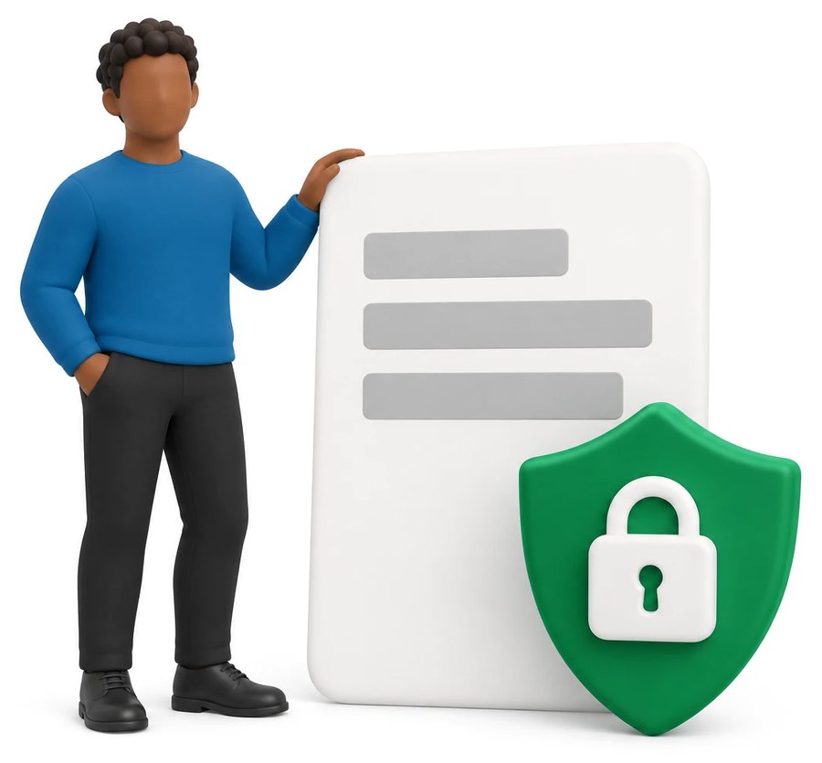 A figure beside a document with a padlock on a shield
