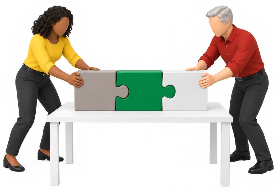 Two people pushing three puzzle pieces together