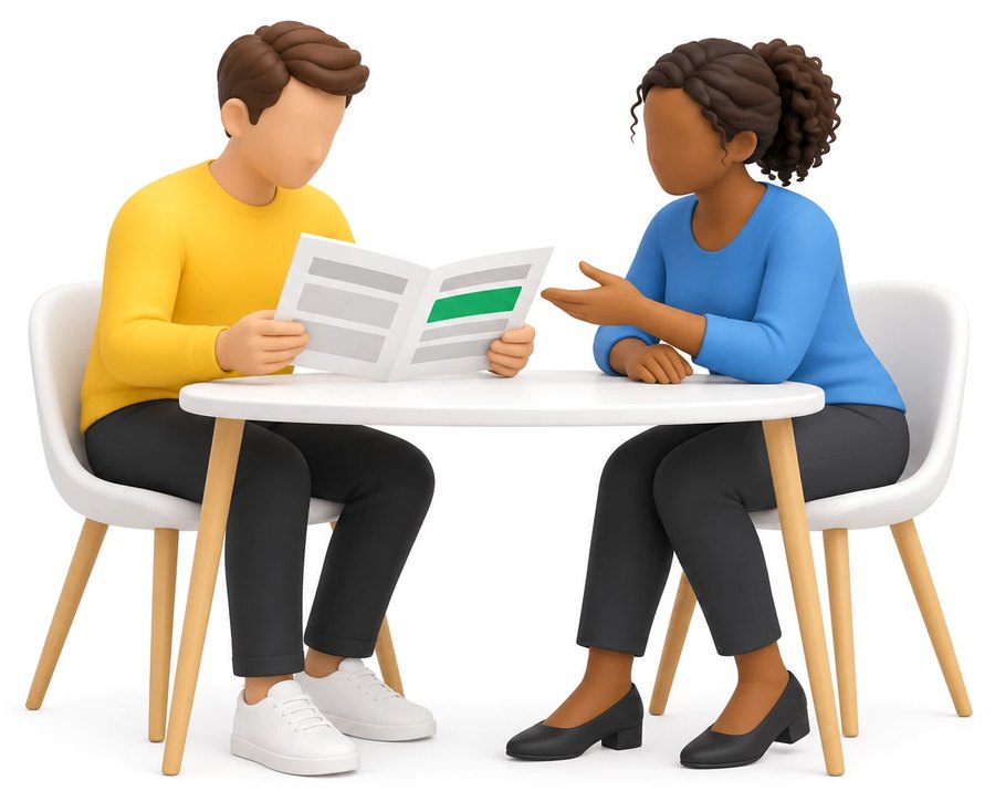 Two people going through a report together at a table