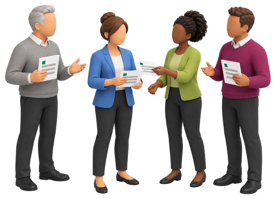 Four colleagues each holding their own report