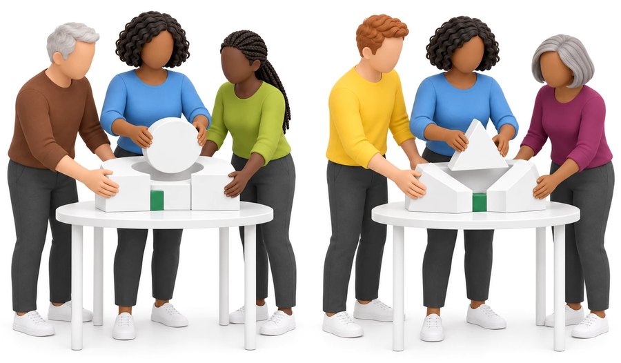 The same team at two tables, building a different shape on each