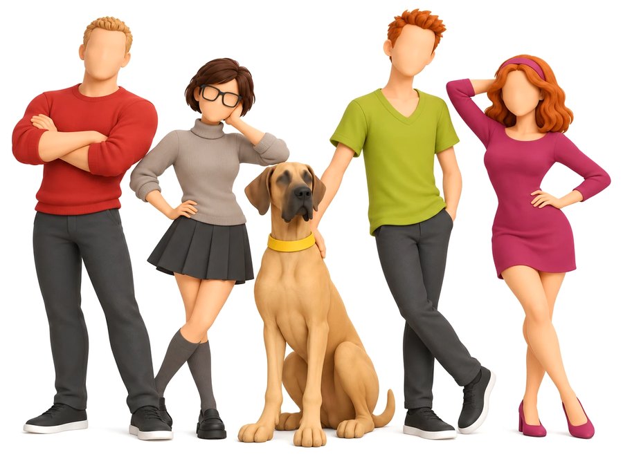 Four colleagues and a large dog
