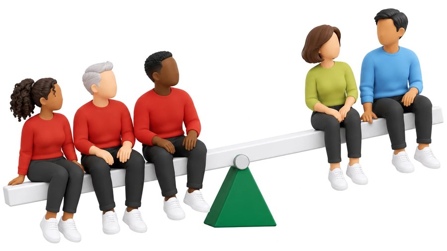 Five colleagues on a seesaw, three on one side and two on the other