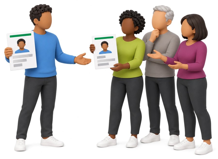 One person holding their own profile beside three colleagues holding a profile of that same person