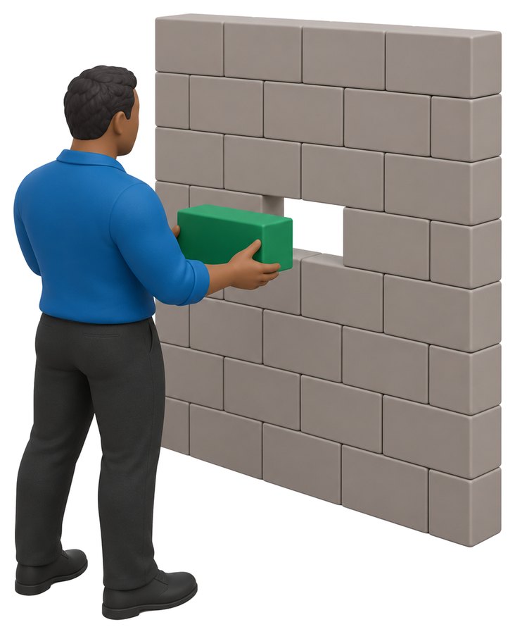 A figure facing a tall wall