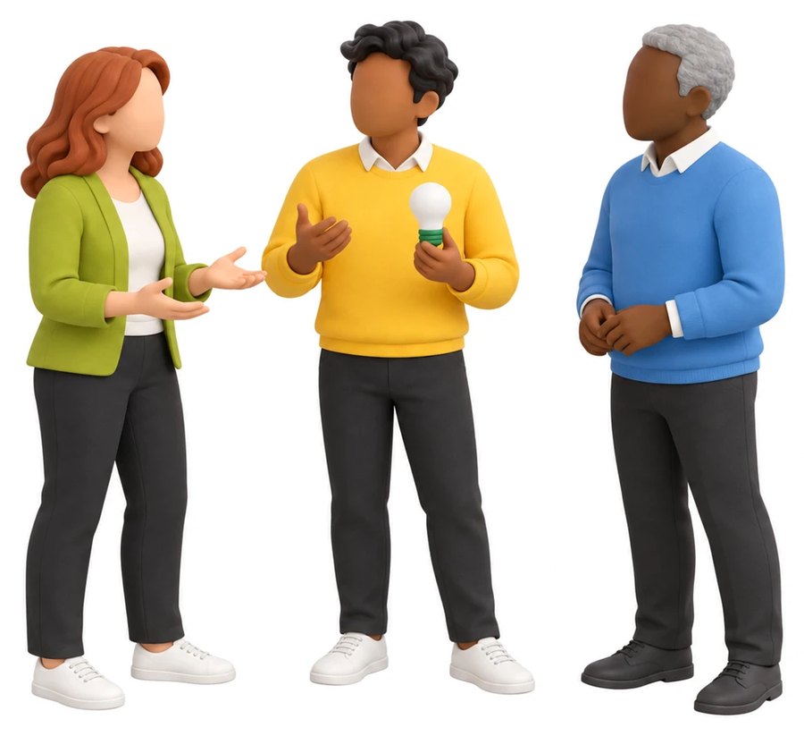 Three colleagues talking, one holding up an idea