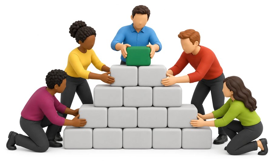 A team building a pyramid of blocks together