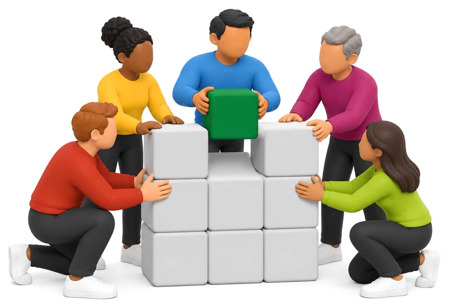 A team building a wall of blocks together