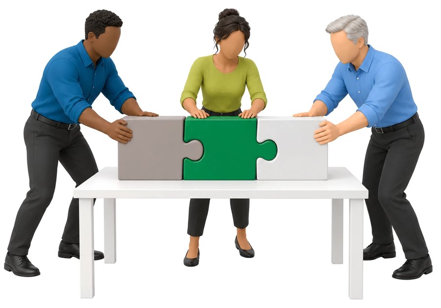People fitting puzzle pieces together