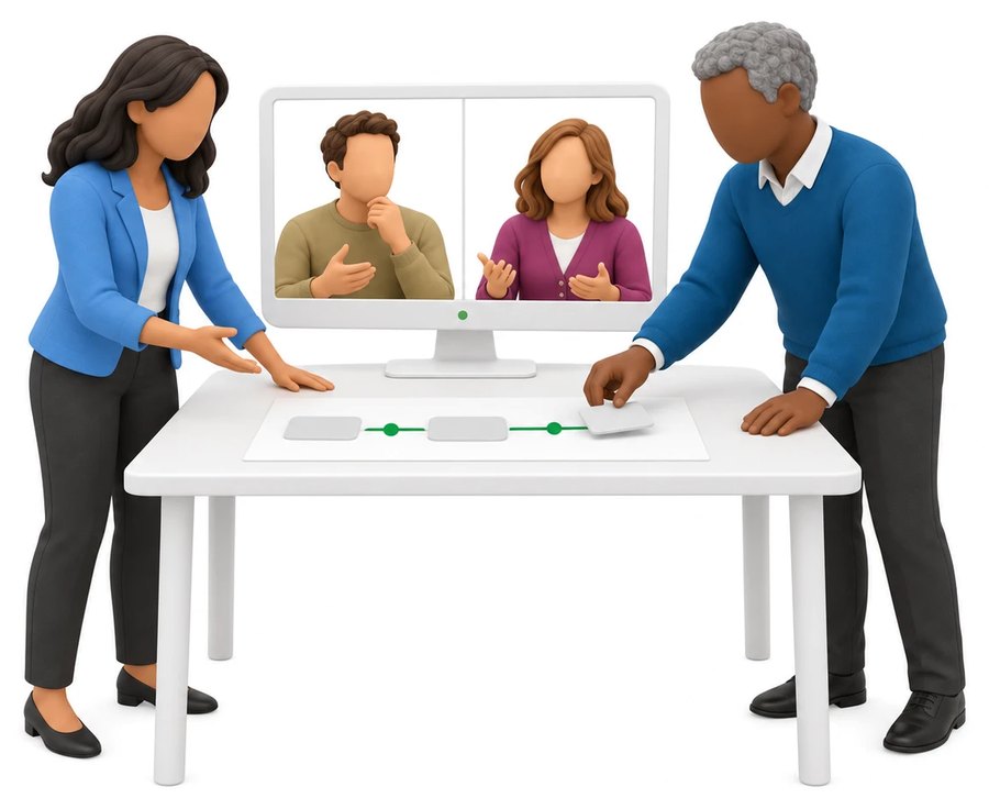 Two colleagues at a desk with two more joining on screen