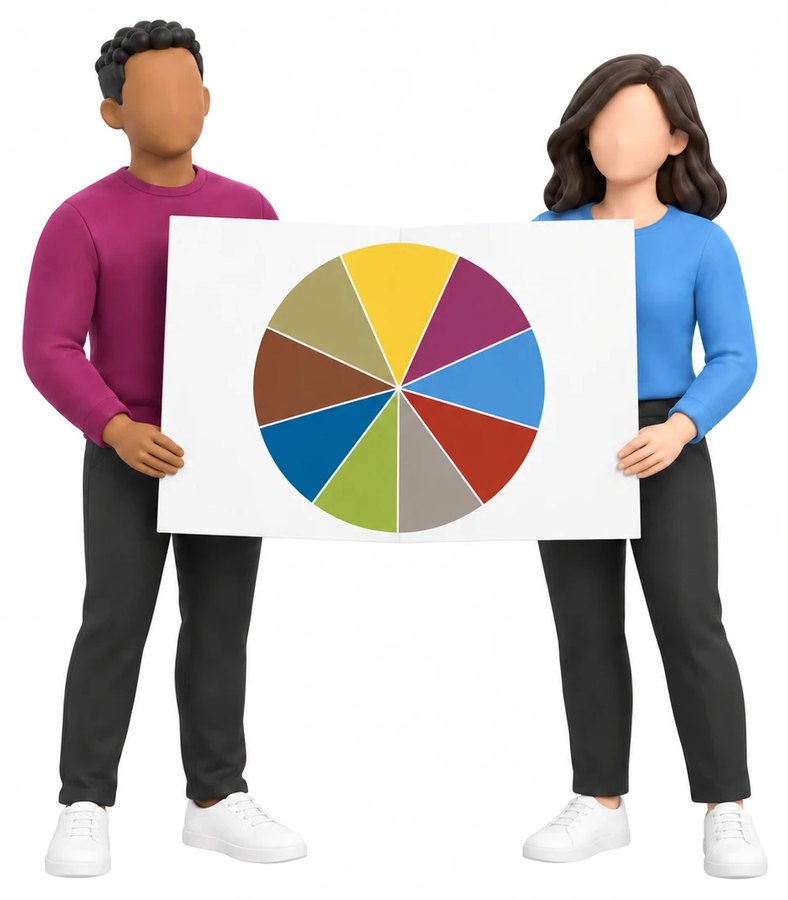Two colleagues holding an open Team Report showing the nine Team Role colours