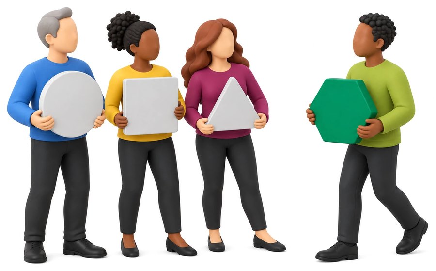 Four colleagues each holding a different shape, one stepping away with theirs