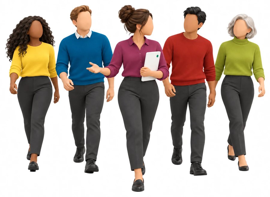 Five colleagues walking forward together