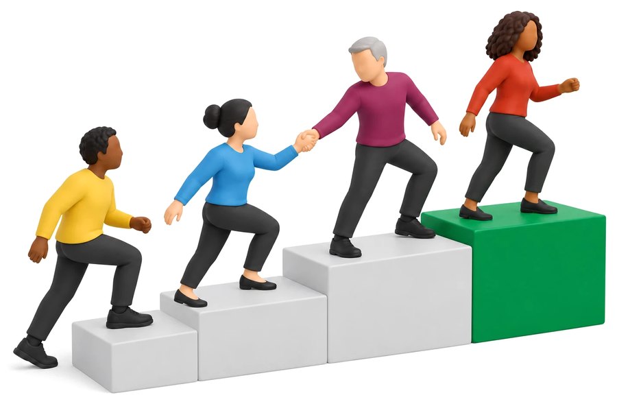 A team climbing steps together, helping each other up