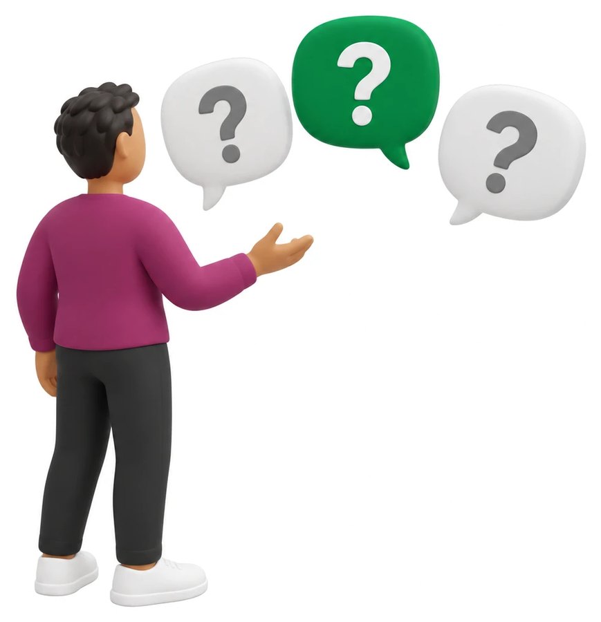 A person facing three questions in speech bubbles