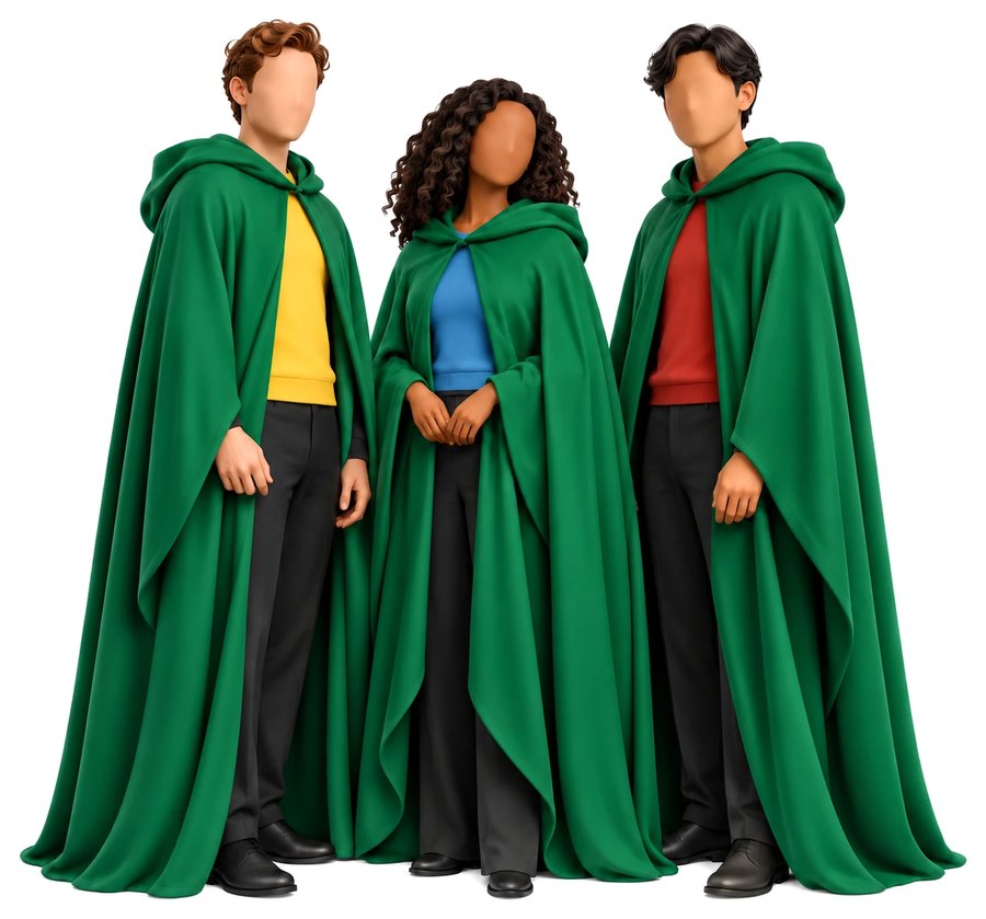 Three figures in green cloaks