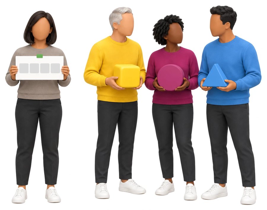 One person holding a card with four blank squares, beside three colleagues each holding a different coloured shape